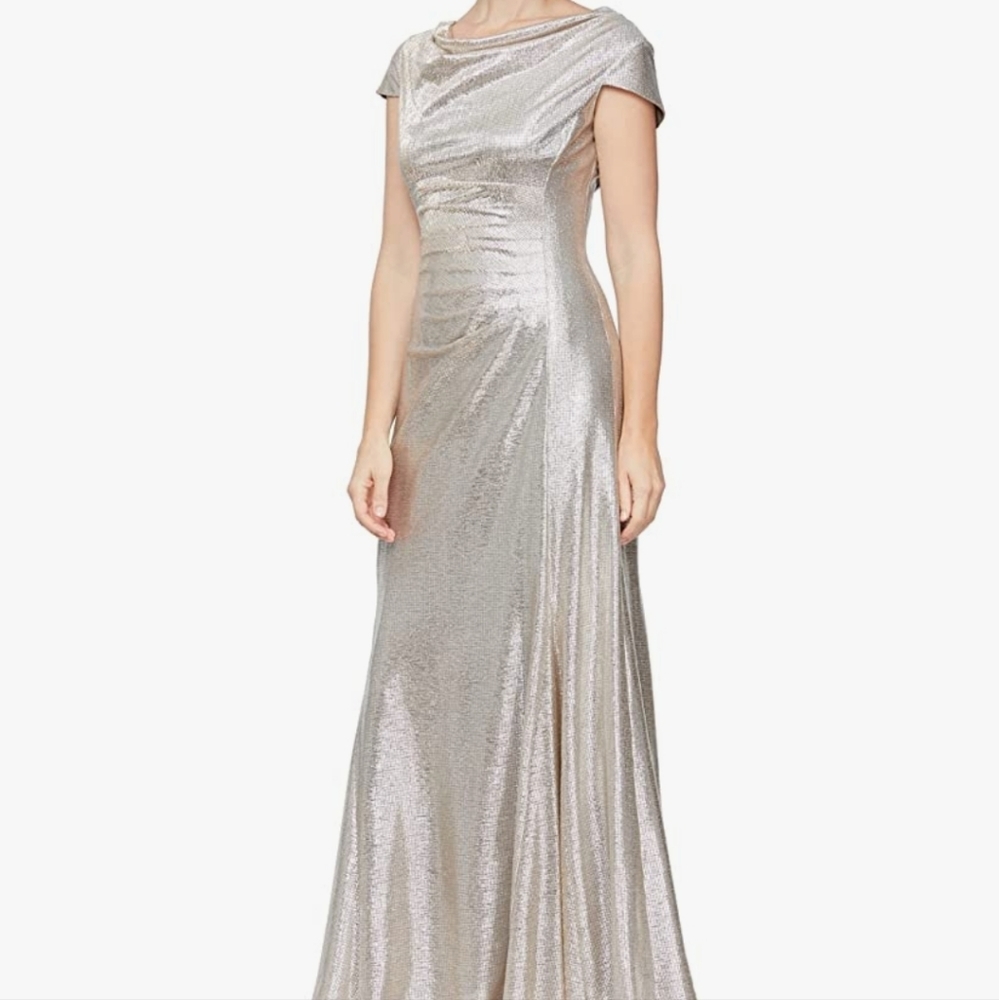 Alex Evenings Cap Sleeve Cowl Neck Metallic Evening Maxi Gown size 8
